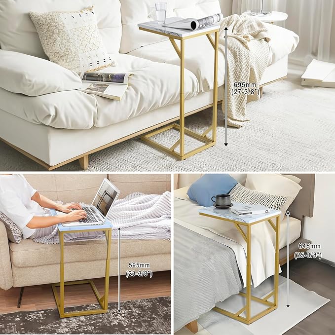 Serteaw C-Shaped End Table, Sturdy Side Table for Couch Sofa Bedside Small Space,C Snack Table TV Tray Record Player Stand Small Tables for Living Room Bedroom,Easy to Assemble,Gold