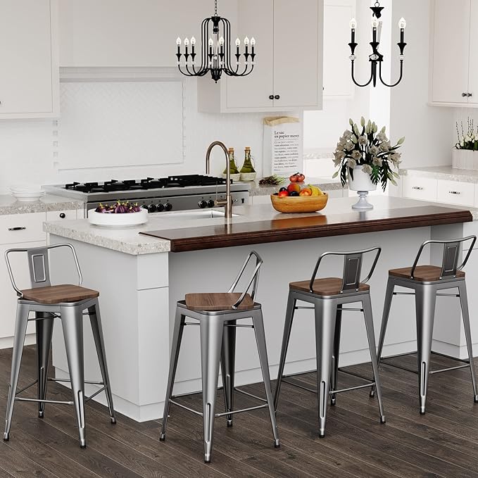 24 Inch Swivel Bar Stools Set of 4 with Backs Counter Height Industrial Metal Barstools Island Bar Chairs for Home Kitchen Dining Room (Swivel 24 inch, Silver Wooden)