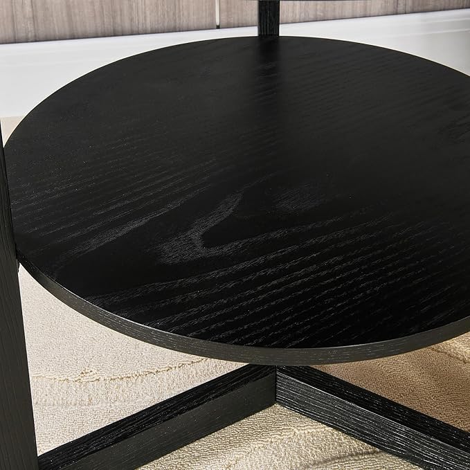 Large Round End Table with Storage Shelf, Rustic Beside Tables with Umbrella Top,Traditional Circular Sofa Side Table, 25.2”D Telephone Table for Living Room Easy Assembly Brushed Black CJZ3338BK