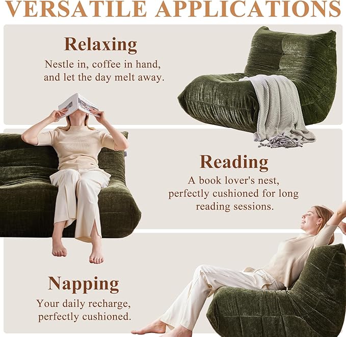 Bean Bag Chair, Loveseat Fireside Chair Large Bean Bag Sofa for Adults, Memory Foam Two Seater Couch Gaming Chairs with Comfy Design, Lazy Floor Sofa for Living Room, Bedroom, Olive Green