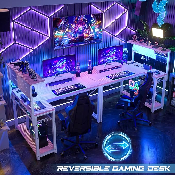 Homieasy Small Gaming Desk with Power Outlets Pegboard LED Light, 43 Inch L Shaped Computer Desk with Monitor Stand Storage Shelves, Reversible Corner Desk with Headset Hooks, Carbon Pink