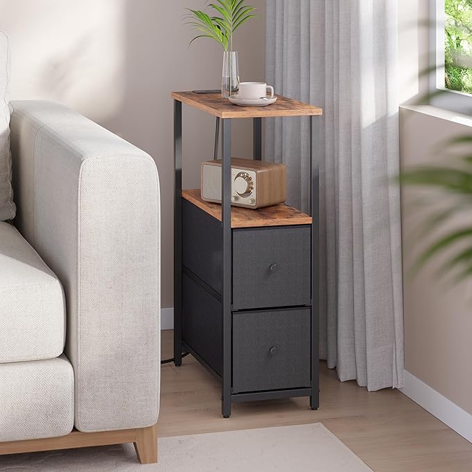 TUTOTAK Small Narrow End Table with Charging Station, Set of 2, Side Table with Outlets, Nightstand with 2 Cloth Drawers, Couch Table, for Living Room, Bedroom, Bedside, Brown and Black TB01BB055K