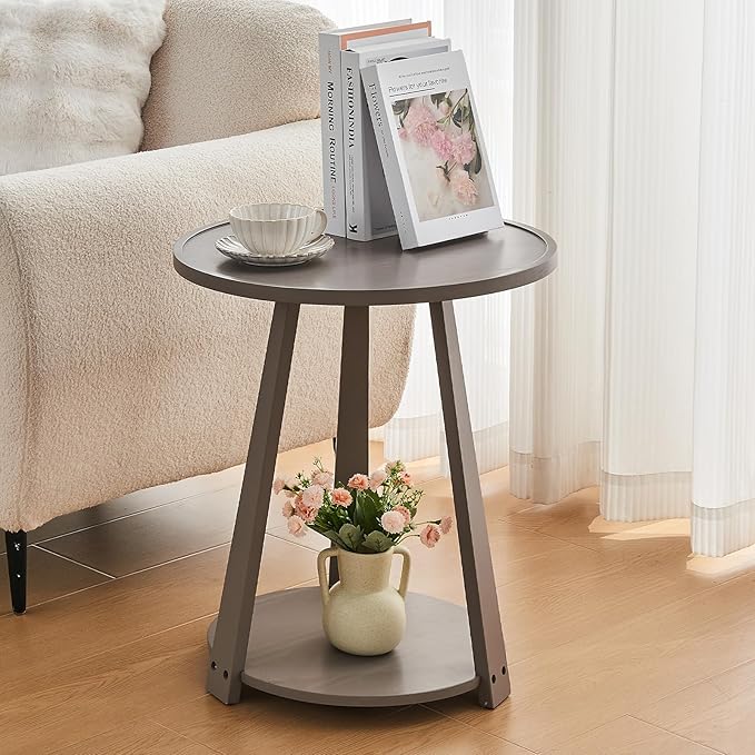 Uniclinens Wooden Small Round End Table, Narrow/Little Coffee/Sofa/Couch SideTable for Living Room Bedroom, Solid Wood Bedside Nightstand, Gray