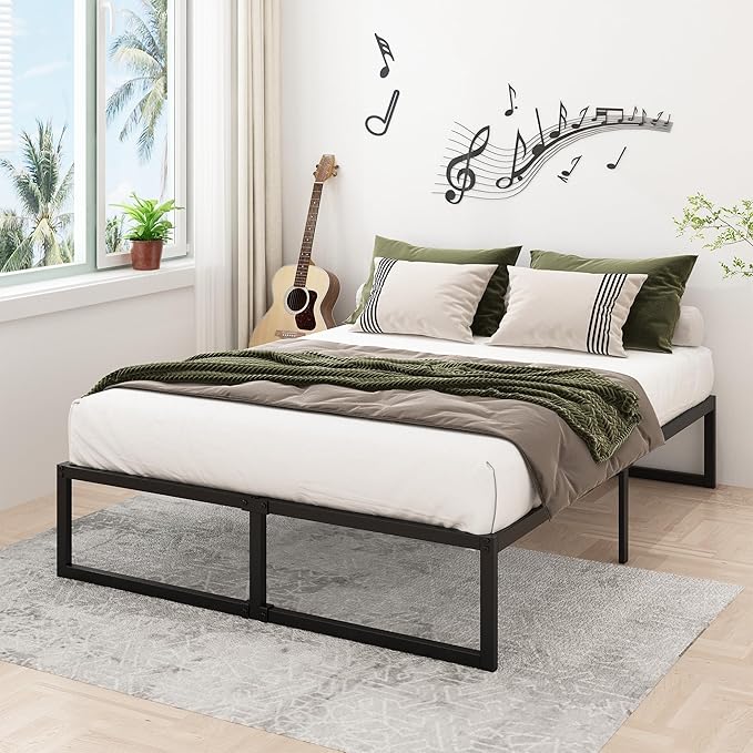 16 Inch Full Size Bed Frame No Box Spring Needed, Heavy Duty Metal Platform Beds with Sturdy Steal Slats for Mattress Foundation, Easy Assembly, Noise Free, Black