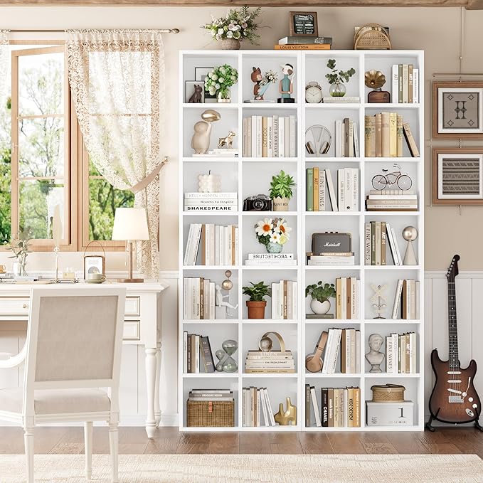 FOTOSOK 71'' White Bookshelf, Double Wide Media Tower Rack CD DVD Rack Display Cabinet with Adjustable Shelves, Tall Narrow Bookcase Bookshelf for Home Office, White