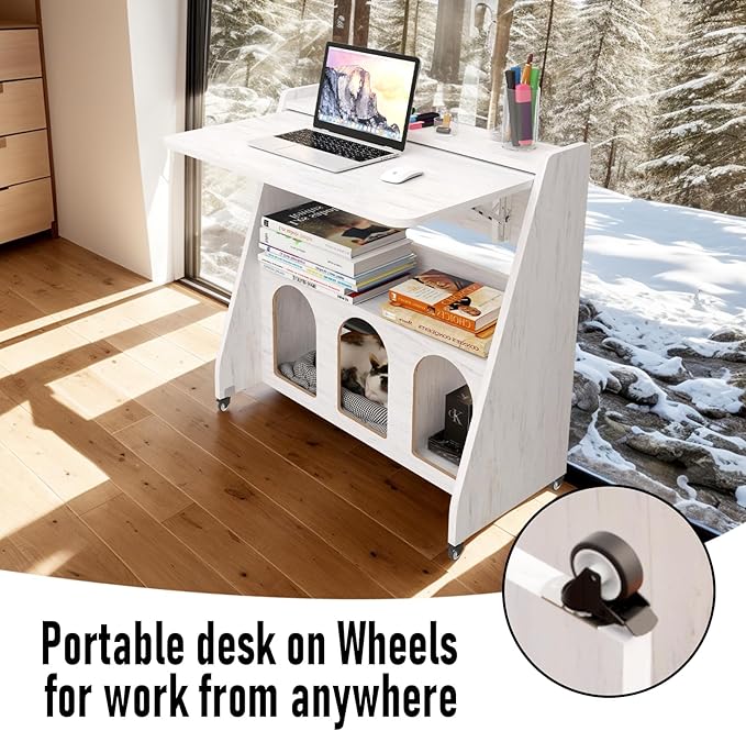 Pmnianhua Farmhouse Portable Desk on Wheels,Mobile Workstation,Rolling Computer Desk with Wheels and Storage for Home Office Small Space(White)