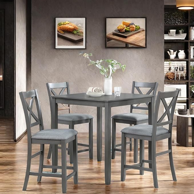 5PCS Dining Table Set, Counter Height Kitchen Table Set with Square Table and 4 Upholstered Chairs, Square Dining Table Set for 4, Gray