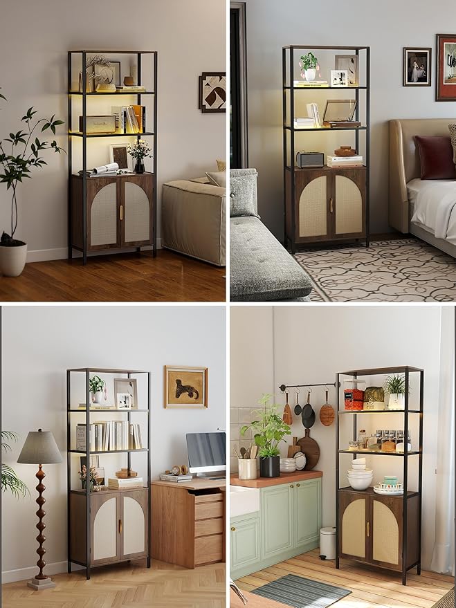 5 Tier Rattan Bookcase with Light 71" Tall Boho Bookshelf with Doors Large Bookcase with Adjustable Shelf Farmhouse Storage Cabinet Bookshelves for Living Room Bedroom Home Office Kitchen