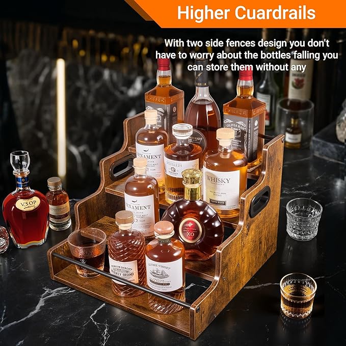 4-Tier Liquor Bottle Display Shelf, Holds up to 16 Bottles, Extra Large Rustic Bar Shelves for The Home Bar, Countertop Whiskey Organizer with Handles