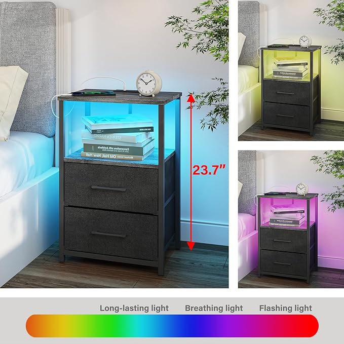 TUTOTAK LED End Table with Charging Station, Night Stand, Side Table with 2 USB Ports and Outlets, Nightstand with Cloth Drawer, Bedside Table for Livingroom, Bedroom Charcoal Grey TB01BY088L