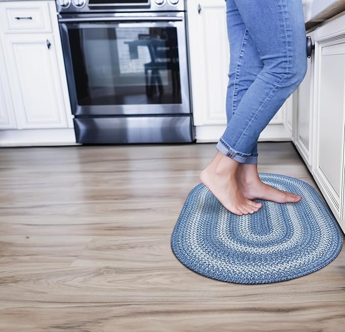 Denim Blue Jute Braided Oval Rugs, 16x24 - Country Style Coastal Decor, Perfect for Laundry Rooms, Bathrooms and Entryways - Durable and Easy to Clean