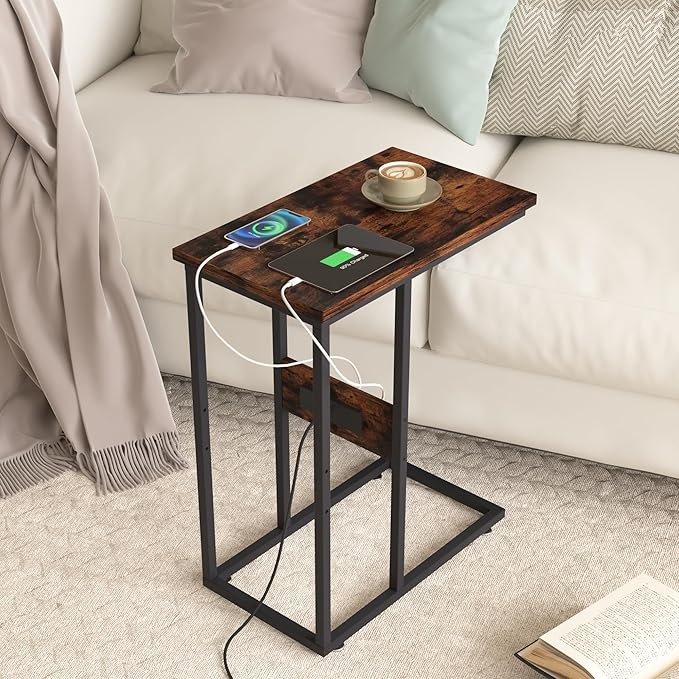 VECELO C Shaped End Side Table with Charging Station & Power Outlets for Couch Sofa/Bed Snack TV Tray with Metal Frame for Living Room Bedroom 1 Set, Brown