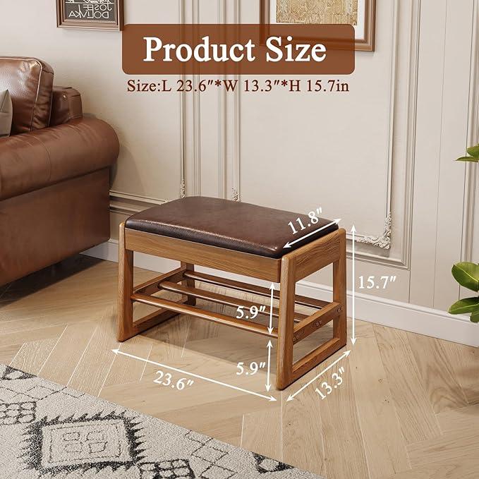Shoe Rack Bench Seat Rubberwood 2-Tier Wooden Storage Bench 550lbs Compact Mid-Century Modern Design for Entryway, Hallway, Closet, Front Door Entrance, Foyer