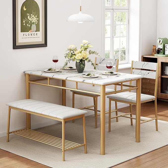 IRONCK Dining Table Set for 4, Kitchen Table with Upholstered Bench and 2 Chairs, Kitchen Table and Chairs Set for Small Space, Apartment, White & Gold