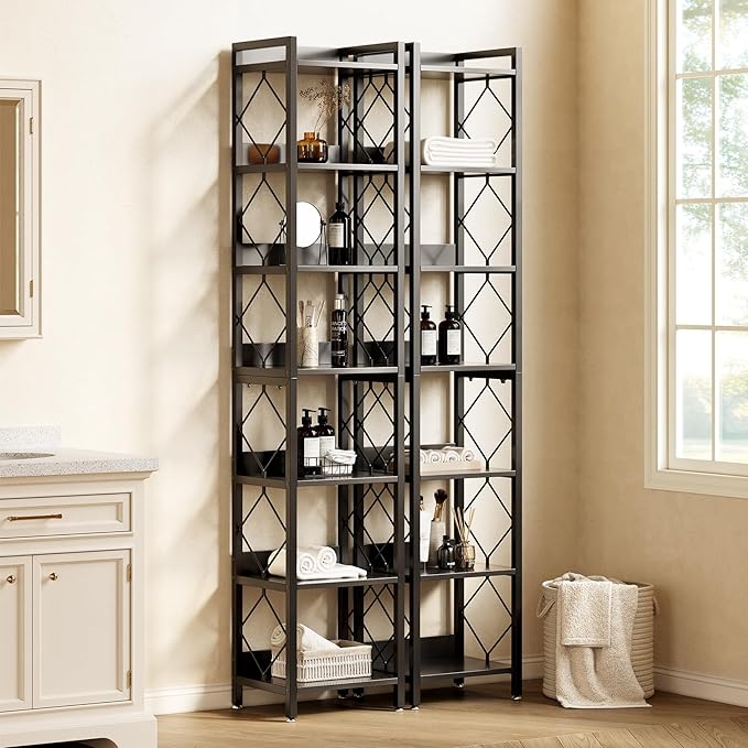 LITTLE TREE Book Shelf Set of 2, 7-Tier Tall Bookcase, Wooden Display Shelves with Metal Frame for Living Room, Modern Narrow Standing Bookshelves for Bedroom, Black Office Shelf for Small Spaces