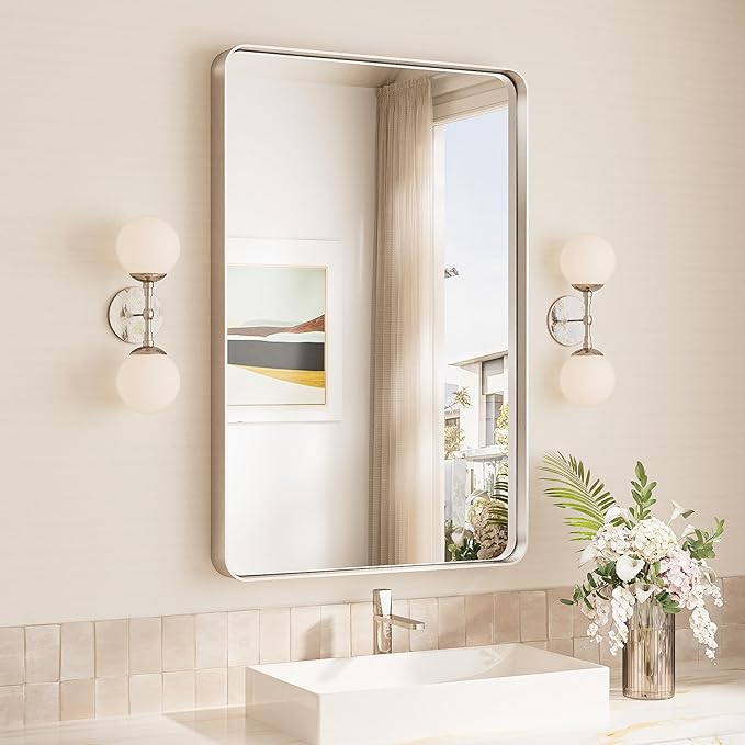 TokeShimi 24x36 Brushed Nickel Bathroom Wall Mirror Vanity Metal Frame Round Corner Rectangular for Home Decor Living Room Entryway (Horizontal/Vertical)