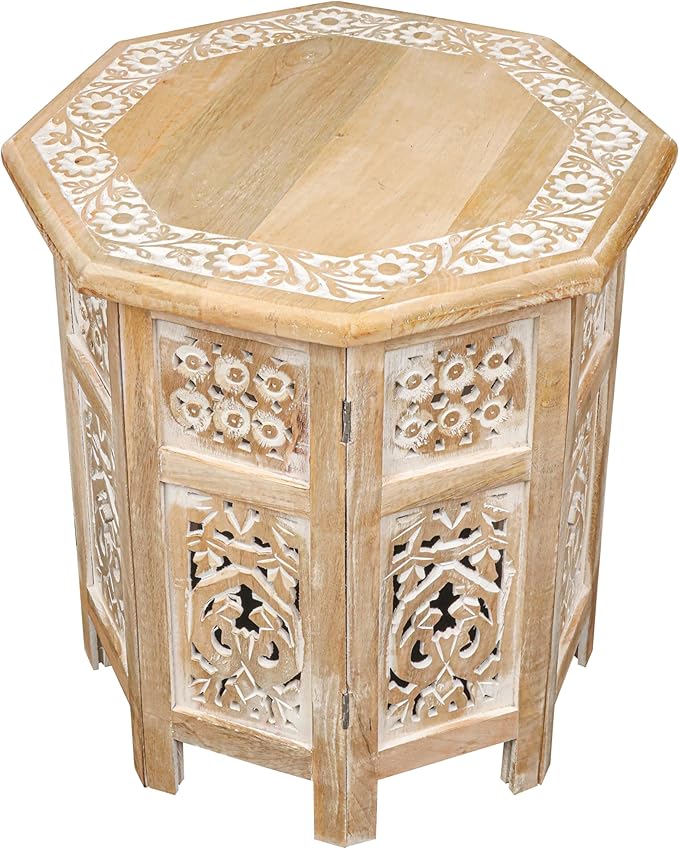 The Wooden Town Side Tables– Hand Carved Vintage Boho Folding End Tables for Living Room, Entryway, Living Room, Bedroom – No Tools Assembly, 18"x18" Octagon, White wash Finish