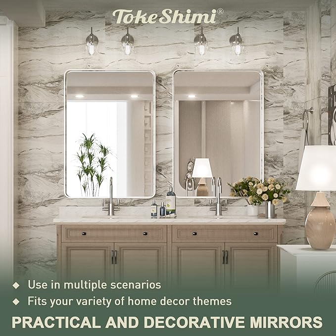 TokeShimi 24 x 36 Inch Brushed Silver Bathroom Mirror for Wall Brushed Brass Metal Rounded Corner Rectangle Mirror Metal Frame Deep Set Design Hangs Horizontal Or Vertical