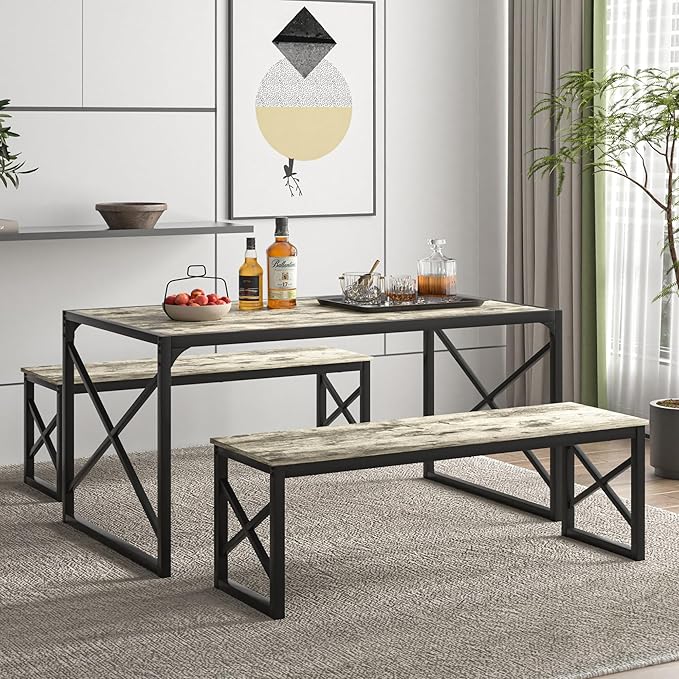 VECELO Kitchen Dining Table Set for 4, 55" Wood Rectangle Dinette with 2 Benches, Heavy-Duty Metal Frame for Small Space, Breakfast Nook, Grey