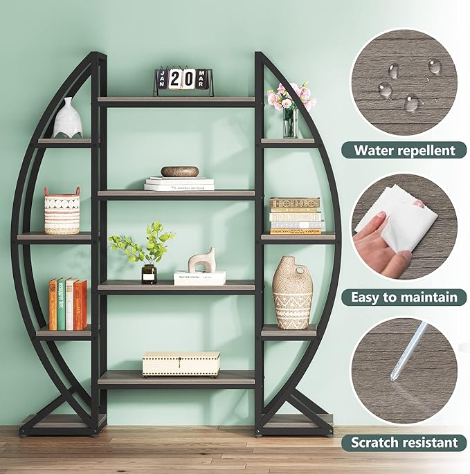 Tribesigns Oval Bookshelf, Triple Wide 5 Tier Etagere Bookcases, Industrial Display Shelves for Living Room (Gray, 55")
