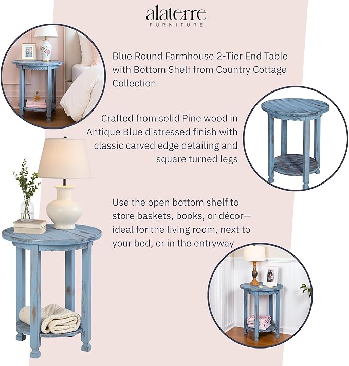 Rustic Cottage Round End Table w/ 1 Shelf - 25 in. W x 20 in. D x 24 in. H - Distressed Blue - Assembly Required - Select Hardwoods with Wood - Living Room Furniture - Solid Wood