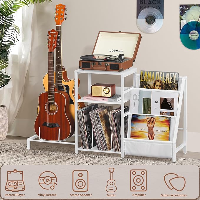 LELELINKY Record Player Stand, Black Adjustable Guitar Stand for Acoustic Guitar, Electric Guitar, Bass, Turntable Stand with Vinyl Display Shelf Storage Up to 150 Albums, End Table for Music Room