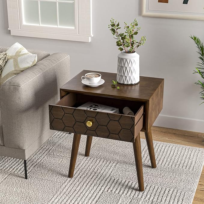 COSIEST Mid-Century Nightstand, Modern MDF Bedside Table, Accent Wood End Table with One Storage Drawer for Bedroom Living Room(Brown,2 Pieces)