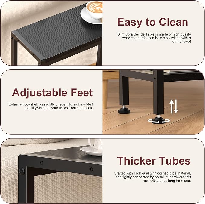 Narrow Side Table for Small Space, 2-Tier Small End Table with Shelf Holder in Living Room, Bedroom, Study, Kitchen and Balcony (Black)