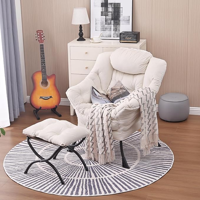Lazy Chair and Ottoman, Large Accent Lounge Chair with Armrests and a Side Pocket, Modern Leisure Upholstered Sofa Reading Armchair with Footrest for Bedroom, Living Room, Dorm Rooms, Office