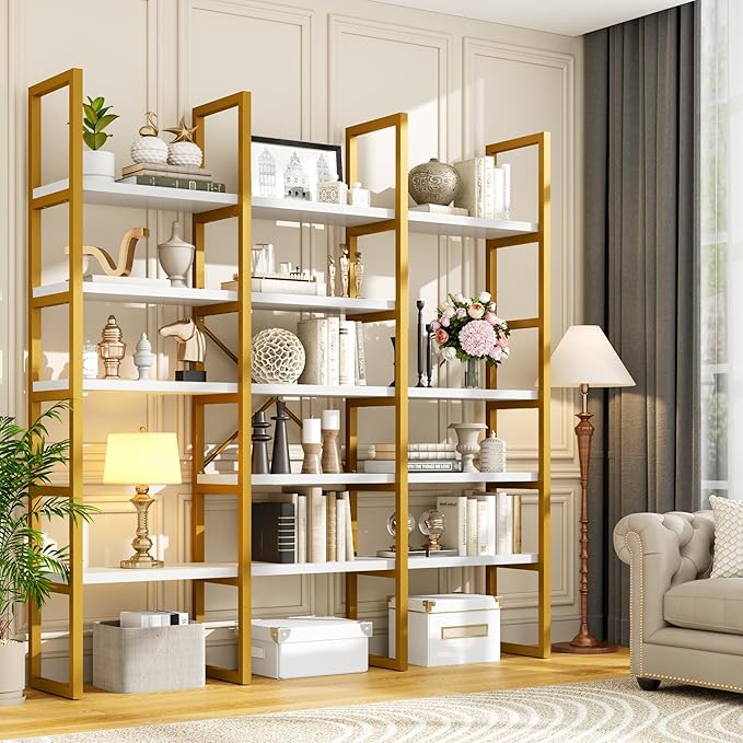 Semoic Large Bookshelf 5 Tiers, Triple Wide Geometric Bookcase, 71 Inches Tall Industrial Book Shelves Etagere Book Case, Sturdy Metal Frame, Freestanding Display Shelving Unit (Gold and White)
