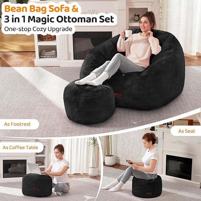 HABUTWAY Bean Bag Chair, Giant Bean Bag Chairs for Adults with Ottoman, Comfy Faux Fur Shell-Shaped Bean Bag Couch, Sofa Chair for Living Room, Bedroom, Black