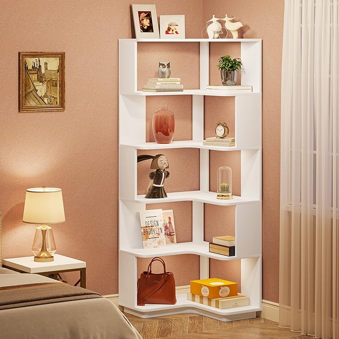 LITTLE TREE Corner Bookshelf, 64.9 Inch Tall Bookcase with Anti-Drop Panel, Modern Freestanding Corner Shelf Display Rack Storage Organizer for Home Office, Living Room, White