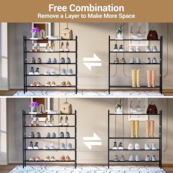 Haddockway Bamboo Shoe Rack for Closet, Free Standing Shoe Organizer with Smooth Round Rods & Convenient Handles, Stackable Shoe Storage Shelf for Entryway, Hallway(Black, 5-Tier)