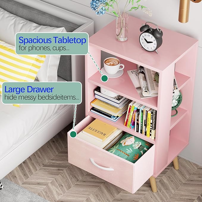 Night Stand, Pink Kids Nightstand with Drawer, Nursery Side Table with Open Storage, 3-Tier Modern End Table, Bedside Table for Small Space, Living Room, Bedroom