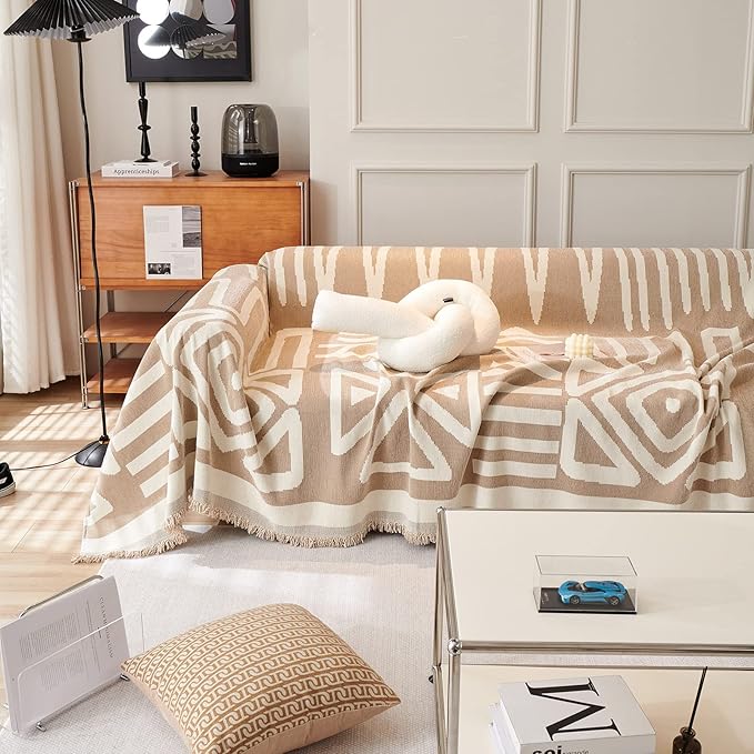STACYPIK Reversible Khaki Beige Couch Cover Boho Couch Cover for Dogs with Tassels Anti-Slip Furniture Protector for 2 Cushion Couch Versatile Sofa Protector Washable Loveseat Cover Decor-71X102IN