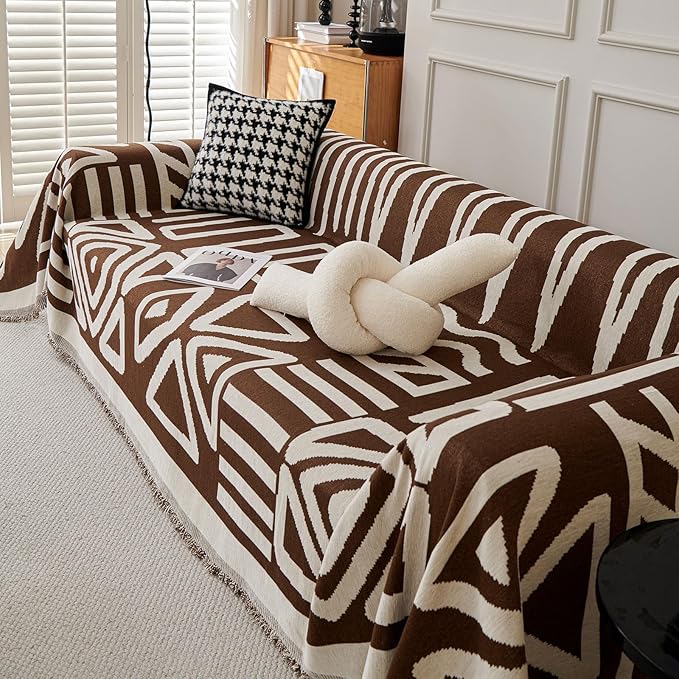 STACYPIK Reversible Boho Chocolate Sofa Cover Durable Couch Cover for 1 Cushion Couch Sofa Cover for Dogs Non Slip Jacquard Geometric Pet Armchair Cover with Tassels Sofa Protector Blanket-71X71IN