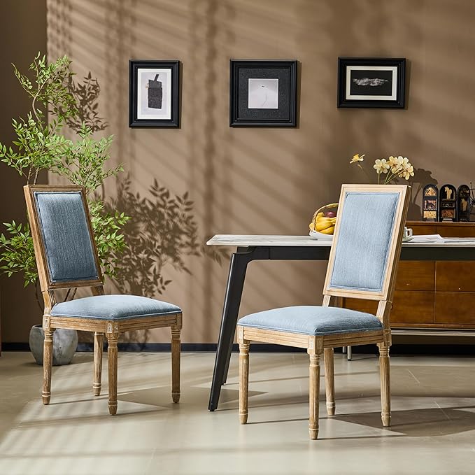 Christopher Knight Home Regina French Country Dining Chairs Set of 2, Wooden Dining Room Chair, High Back Kitchen Side Chair, Fabric Upholstered Armless Extra Seat, Slate Blue