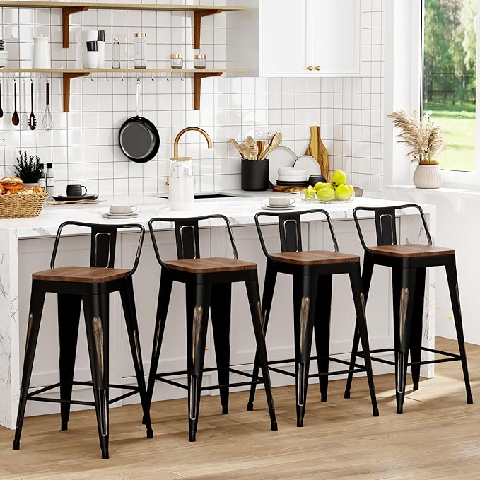 WENTMENT Bar Stools Set of 4 Counter Height Bar Stools Metal Barstools with Removable Back 30" Kitchen Bar Stools with Wooden Seat, Distressed Black