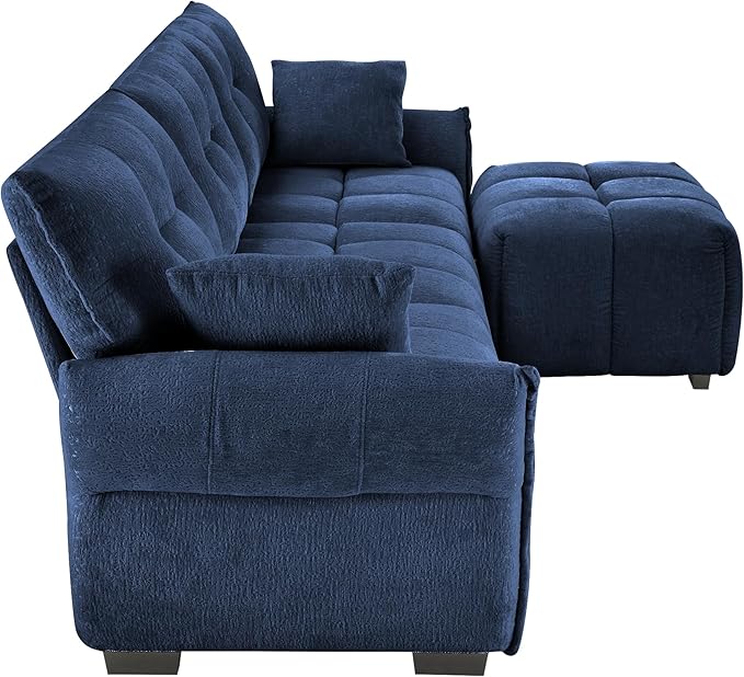 Modern Chenille Fabric 3-Seat Sofa w/Ottoman+2 Pillows, Premium Upholstery Living Room Couch with Tufted Backrest & Comfortable Armrests and High-Resilience Memory Foam Cushions,Blue