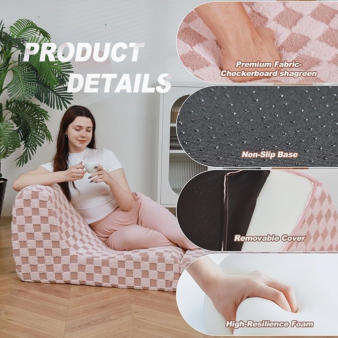 Bean Bag Chair with Checkerboard Shaker Fleece Fabric, Folding Sofa Bed, Floor Sleeper Lounge Chair, Lazy Sofa for Living Room, Bedroom, Apartments (Iceberry Pink)