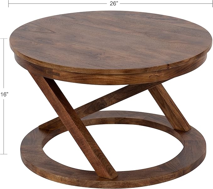 Kate and Laurel Aja Bohemian Round Wood Coffee Table; 26 inch Diameter; Walnut Brown; Decorative Boho Modern Coffee Table for Hosting; Storage; and Display