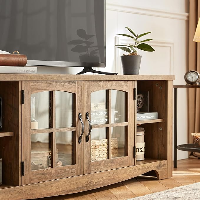LINSY HOME TV Stand for 75 Inch TV, Modern Farmhouse Entertainment Center with Storage Cabinets and Glass Doors, Tall Media Console Table for Living Room, Bedroom, Large Long Television Stand, Brown