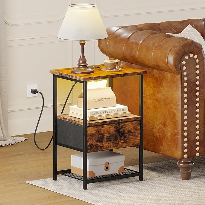 Fixwal Night Stand with Charging Station, LED Nightstand with Fabric Drawers, End Table with PU Finish, Bedside Table, Rustic Brown