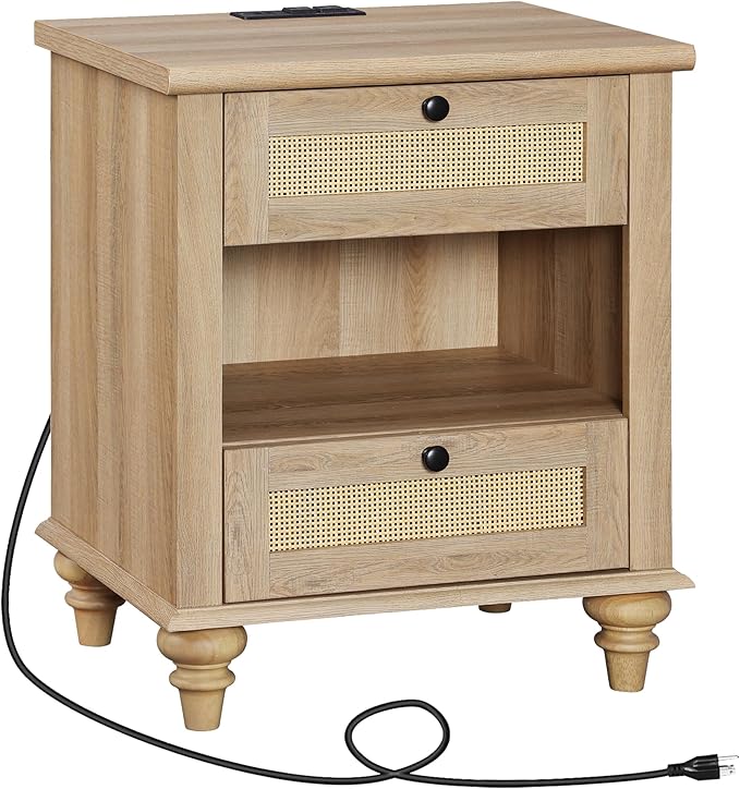 WAMPAT Rattan Nightstand Side Table with Charging Station, Light Wood End Table with 2 Drawers for Living Room, Rustic Farmhouse Night Stand Bedside Table for Bedroom, Oak