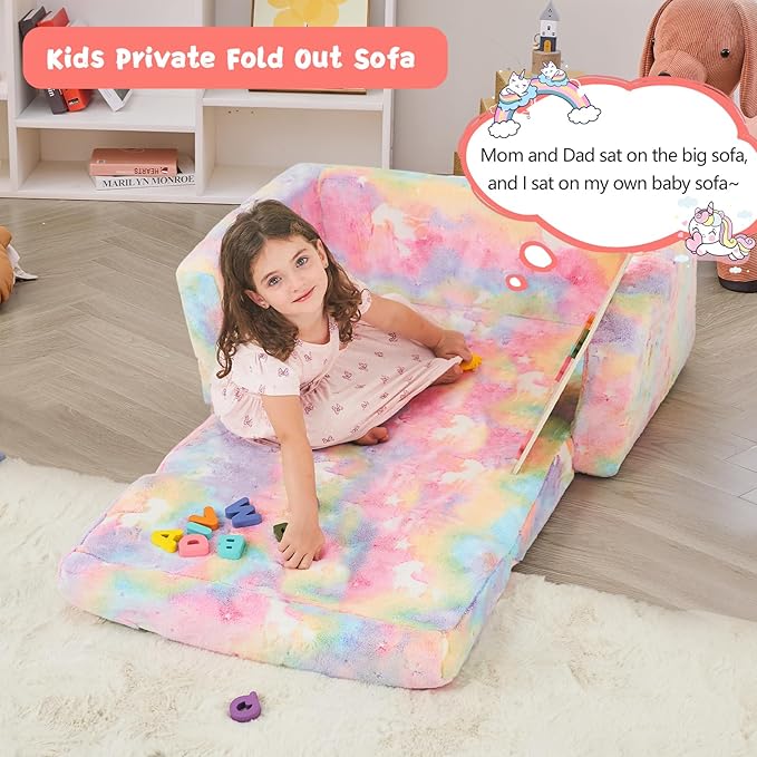 Toddler Chair Comfy,2-in-1 Soft Toddler Couch Fold Out for Kids,Convertible Sofa to Lounger,Gift for Girls and Boys Birthday,Unicorn,Large
