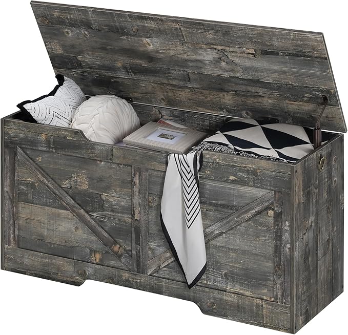 HOOBRO Storage Bench, 39.4” Retro Wooden Storage Chest with U-Shaped Cut-Out Pull, Safety Hinge, Supports 220 lb and Easy Assembly for Toy Box Organizer (Vintage Gray) VP771CW01