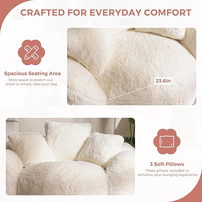 MAXYOYO Bean Bag Chair with 3 Pillows, Oversized Floral Shaped Bean Bag Sofa for Adults, Ultra Soft Faux Fur Floor Sofa, Large Stuffed Reading Chair for Living Room Bedroom, Beige