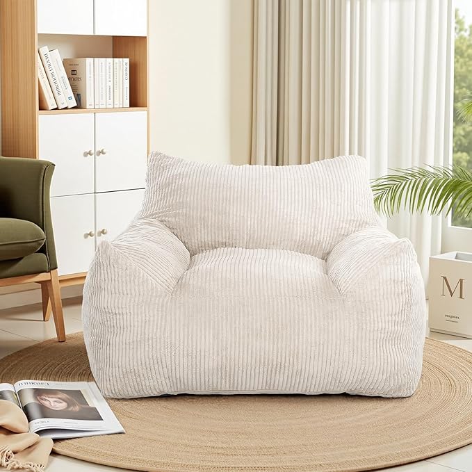 INMOZATA Bean Bag Chair for Adults, 3FT Beanbag Chair with Ottoman Pre-Filled Fluffy Lazy Chair Corded Fabric Accent Chair for Bedroom Living Room Dorm (Ivory)