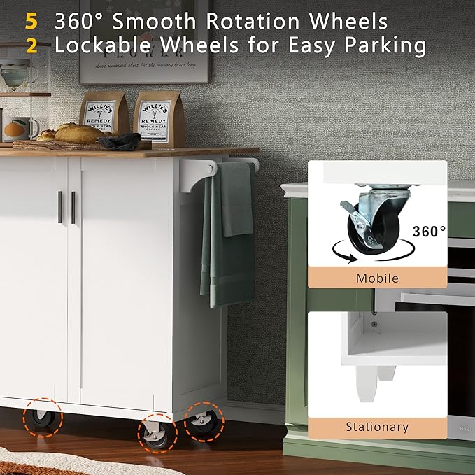 49" Foldable Kitchen Island Cart, White with Slide-Out Shelf, Towel Rack & Drawer, Rolling on Wheels, for Living & Dining Rooms