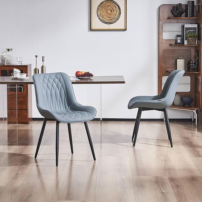 YOUNIKE Dining Chairs Set of 2 with High Back Mid Century Modern Kitchen & Dining Room Chairs PU Faux Leather Upholstered Wide Comfortable Padded Accent Chair for Living Room Bedroom Greyish Green